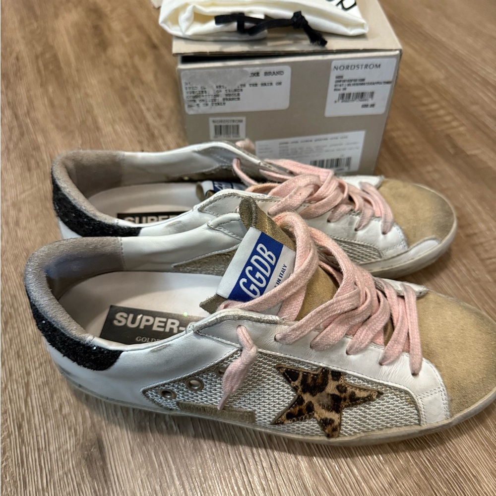Golden Goose White Beige Leopard Star Sneakers with Pink Laces - Picture 2 of 7